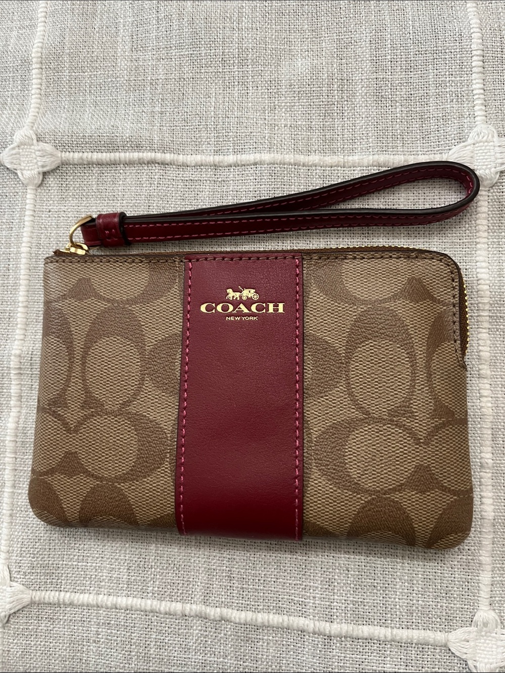 Coach Brown Signature Canvas Wristlet with Burgundy Stripe